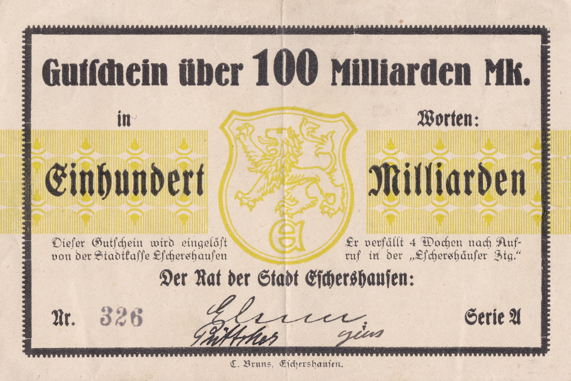 Ansicht des 10-Milliarden-Mark-Inflationsgeldscheines der Stadt Eschershausen von 1923